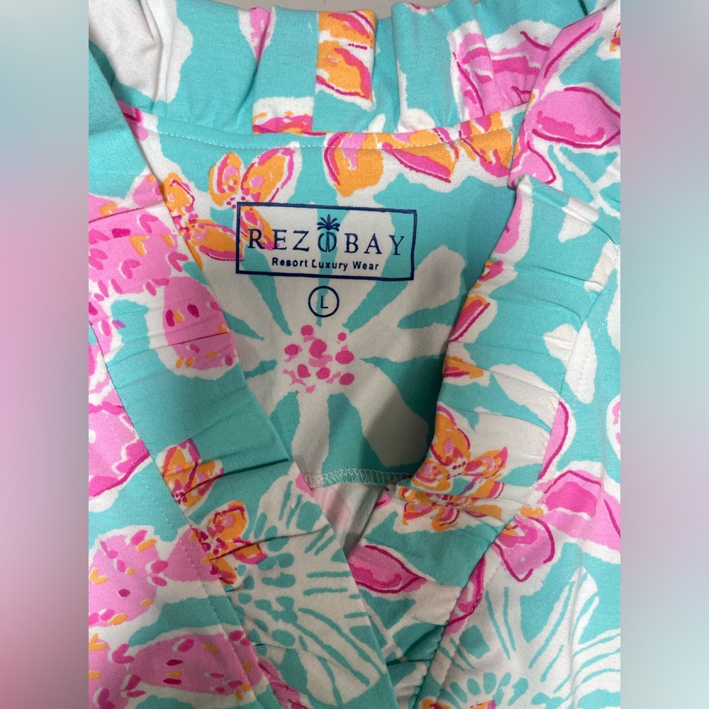 Rezobay Paradise Island Print Cotton Knit Sleeveless Ruffle Dress  NWT - Picture 6 of 9